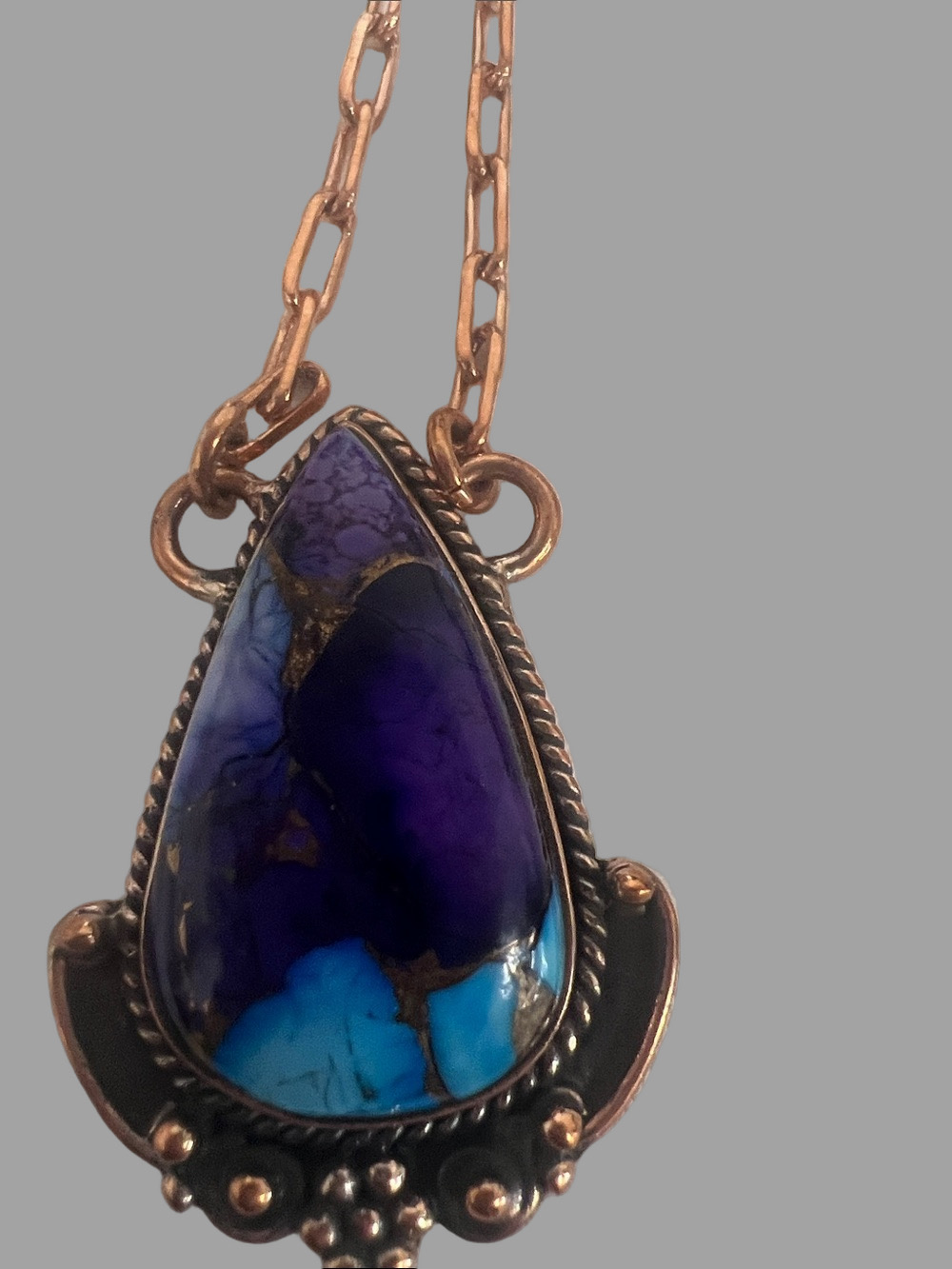 copper necklace w/Purple & Blue Dahlia Teardrop Stone Pendant  - Unbranded